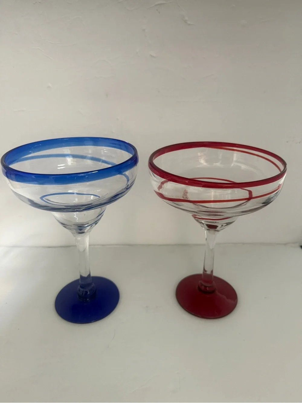 Set of 2 Hand Blowing Large Margarita Glasses with Blue & Red Accents